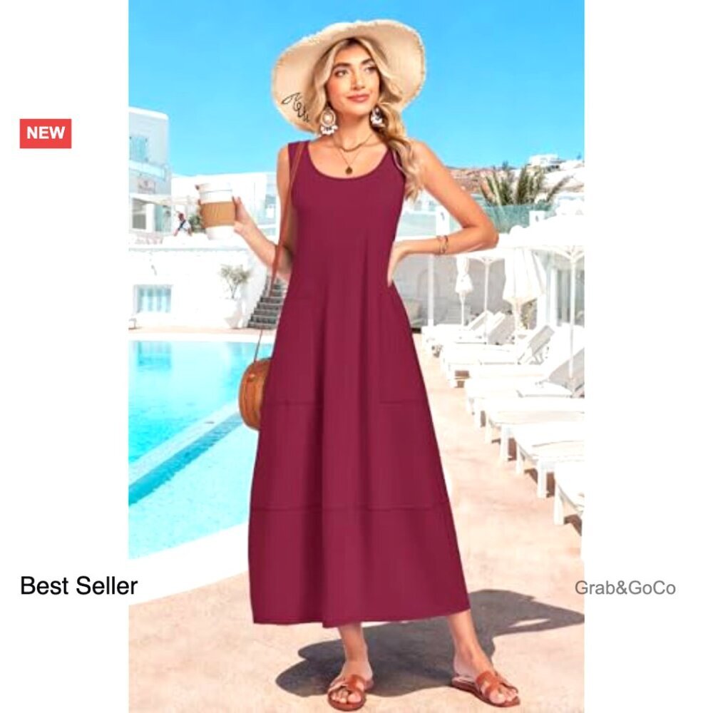 Sleeveless Boho Maxi Dress Flowy Casual Sundress with Pockets Beach Vacation - Picture 2 of 6
